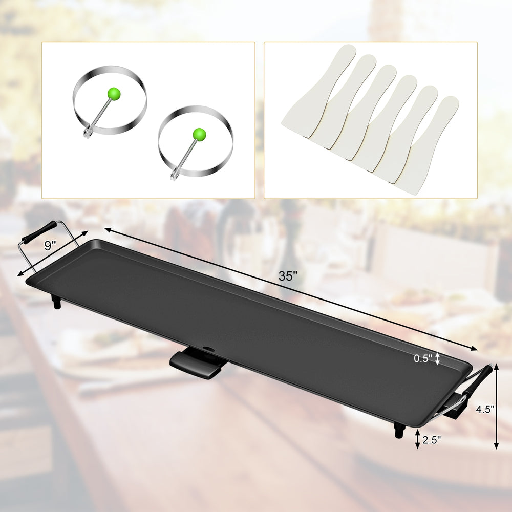 Extra large 35" electric griddle with adjustable temperature, non-stick surface, and included egg rings and spatulas.