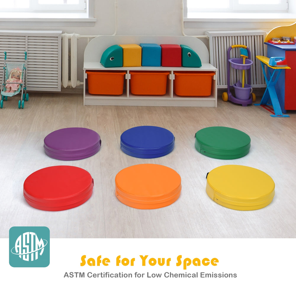 Multicolor 15-inch round toddler floor cushions made of non-toxic PU and EPE, ideal for kids' comfort and creativity.