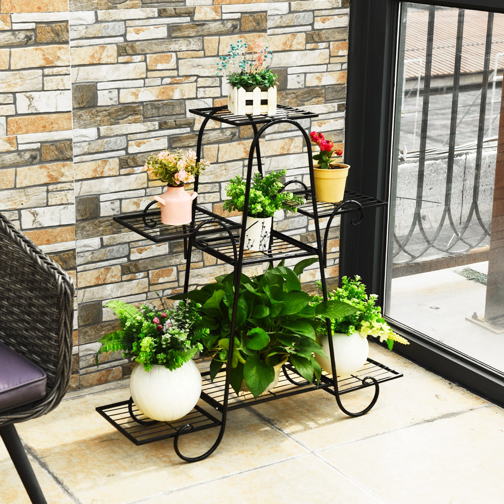 7-tier metal patio plant stand with hollow-out trays, durable iron structure, perfect for home and garden decoration.