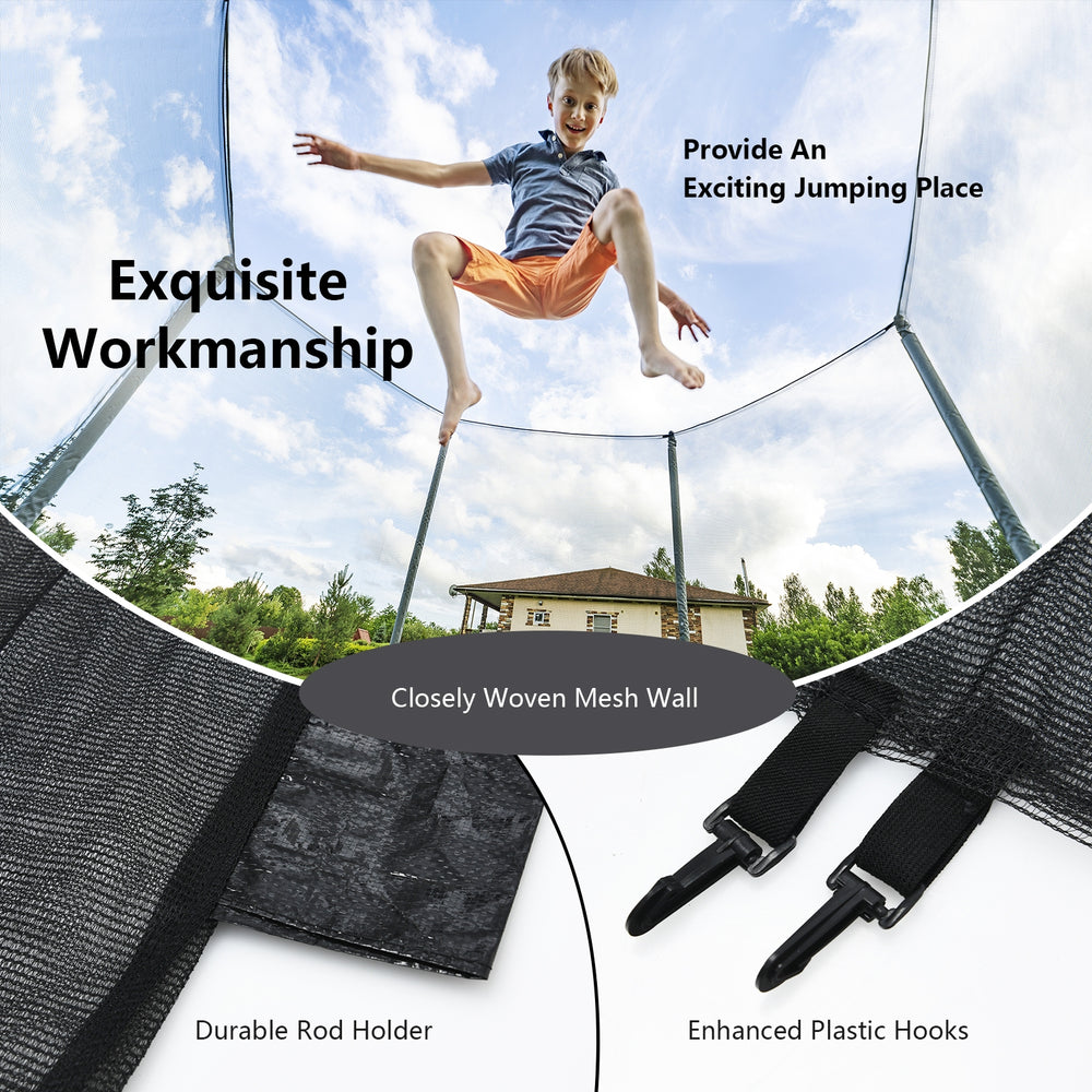 8FT trampoline safety enclosure net featuring tightly woven mesh, durable rod holder, and enhanced plastic hooks for.