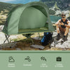 Elevated compact tent set in green with external cover, ideal for camping and outdoor relaxation.