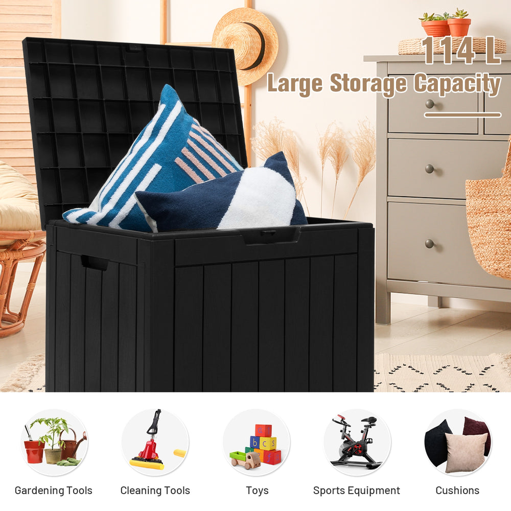 Black 30-gallon deck box with lockable lid, ideal for storing pillows and garden tools, doubles as a patio bench.