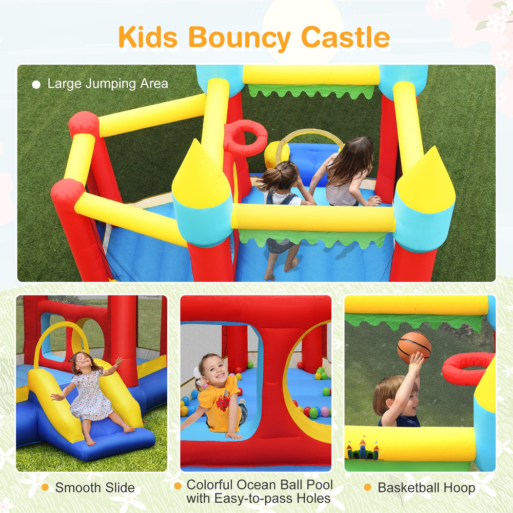 Kids bouncing in the inflatable castle with dual jumping areas, colorful ocean balls, and a basketball hoop for fun.