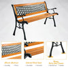 Outdoor cast iron patio bench with a solid wood seat and PVC backrest, designed for stability and comfort.