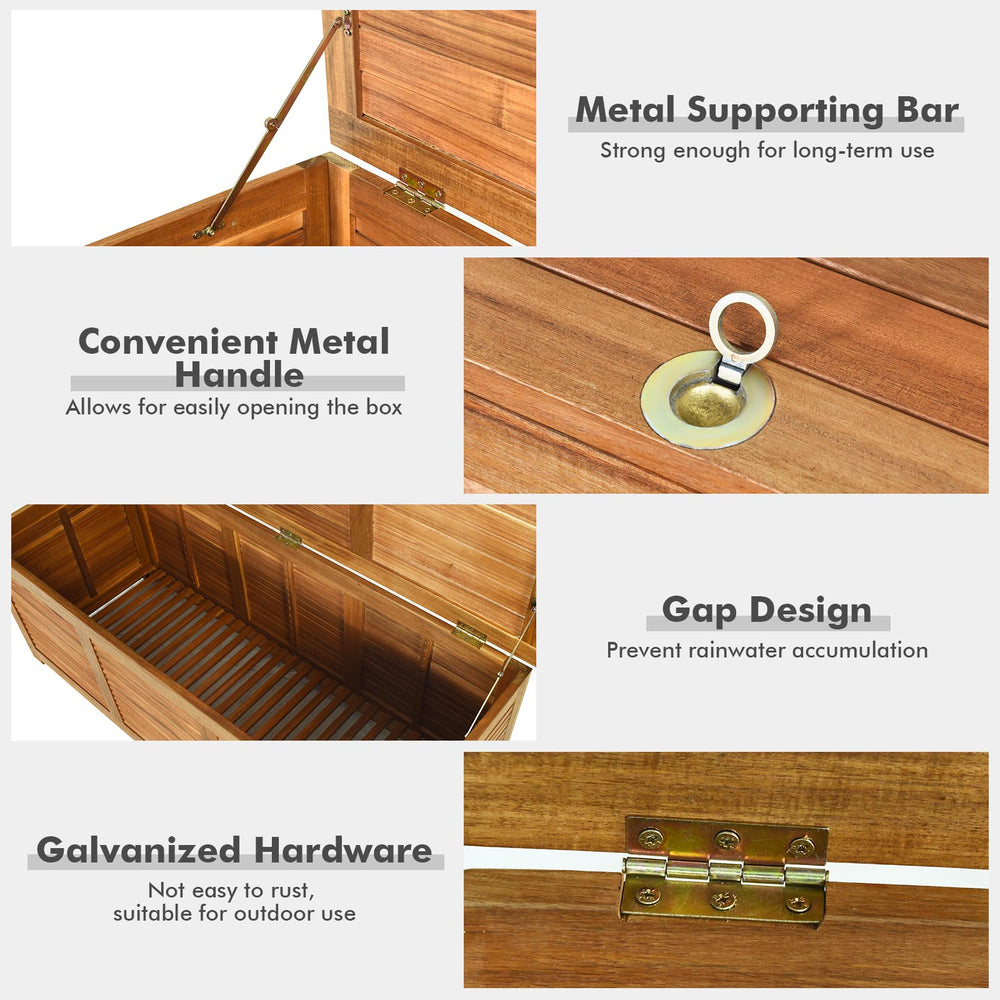 Detail of the acacia wood storage bench box showing the galvanized hardware and convenient metal handle for easy access.