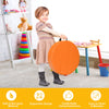 Round orange toddler floor cushion with ergonomic handle, made of non-toxic PU and EPE, ideal for kids' comfort and.