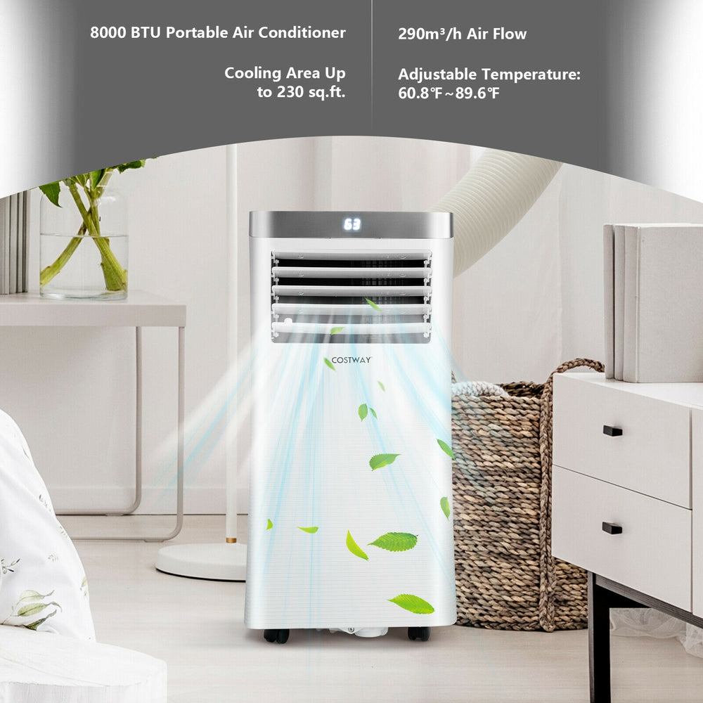 8000 BTU portable air conditioner in white with remote control, designed for efficient cooling and easy mobility in any.