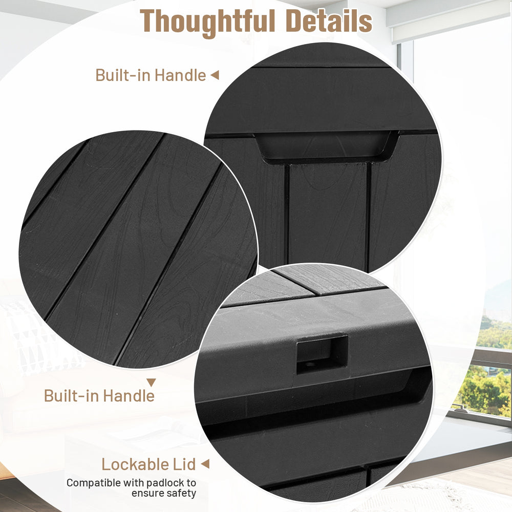 Close-up of the 30-gallon black deck box showing built-in handles and a lockable lid for secure outdoor storage.