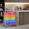 Colorful 20-drawer rolling cart with chrome metal frame, ideal for organizing art supplies or office essentials.