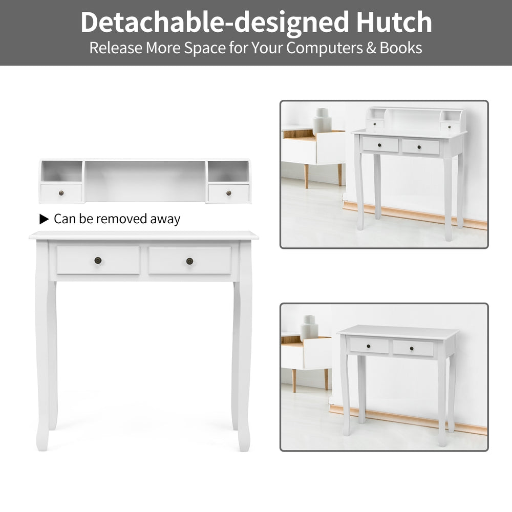 White writing desk with detachable hutch, featuring 4 drawers for ample storage, ideal for home office or vanity use.