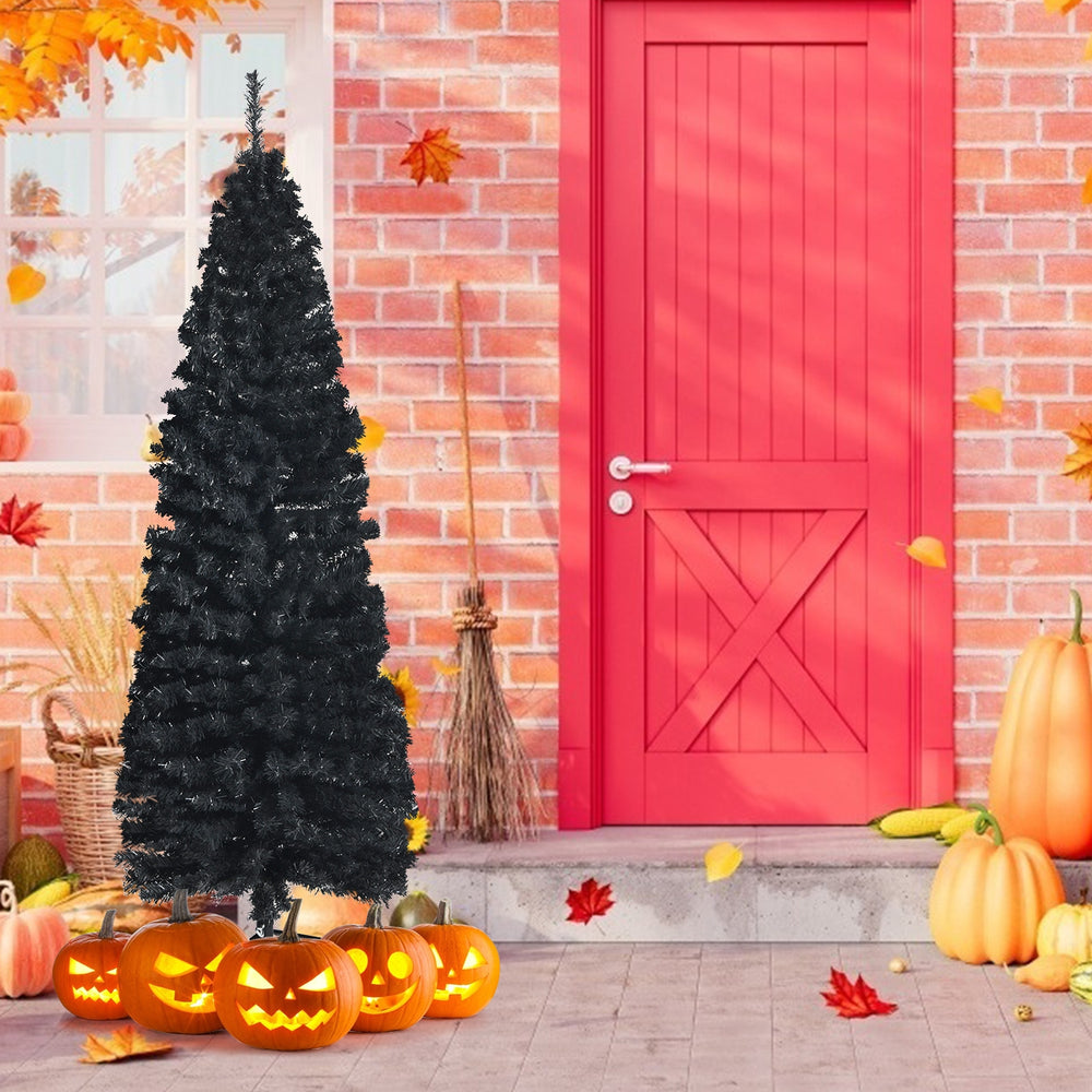 6ft black artificial pencil tree with 520 branch tips, perfect for Halloween and festive decorations.