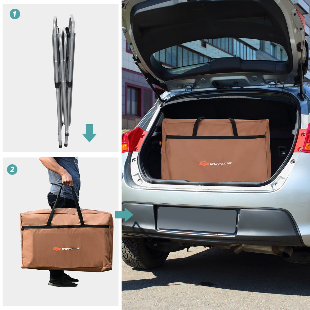 Foldable outdoor BBQ grilling table in a zippered bag, featuring sturdy aluminum construction for easy transport and.