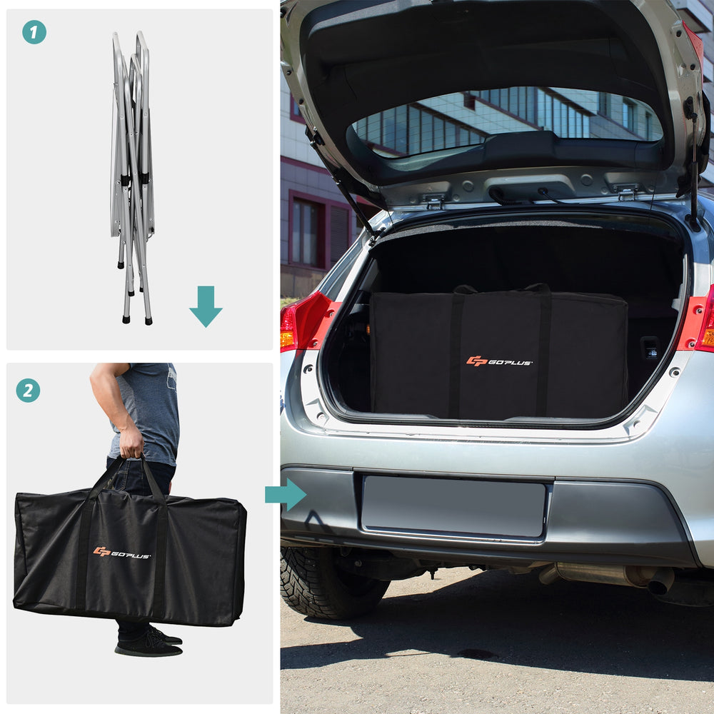 Foldable outdoor BBQ table with portable carrying bag, perfect for camping and tailgating, featuring sturdy steel frame.