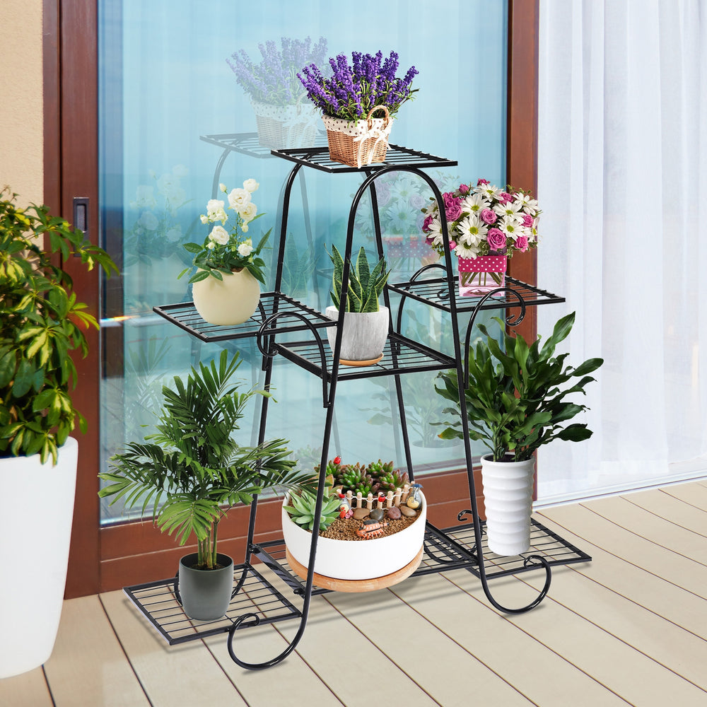 7-tier metal patio plant stand with a classic design, featuring a hollow-out tray for drainage, ideal for home or.