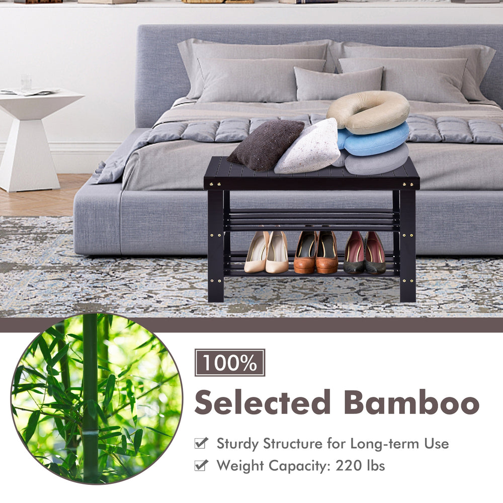 Three-tier black bamboo shoe shelf with a weight capacity of 220 lbs, ideal for storage and as a bedside bench.