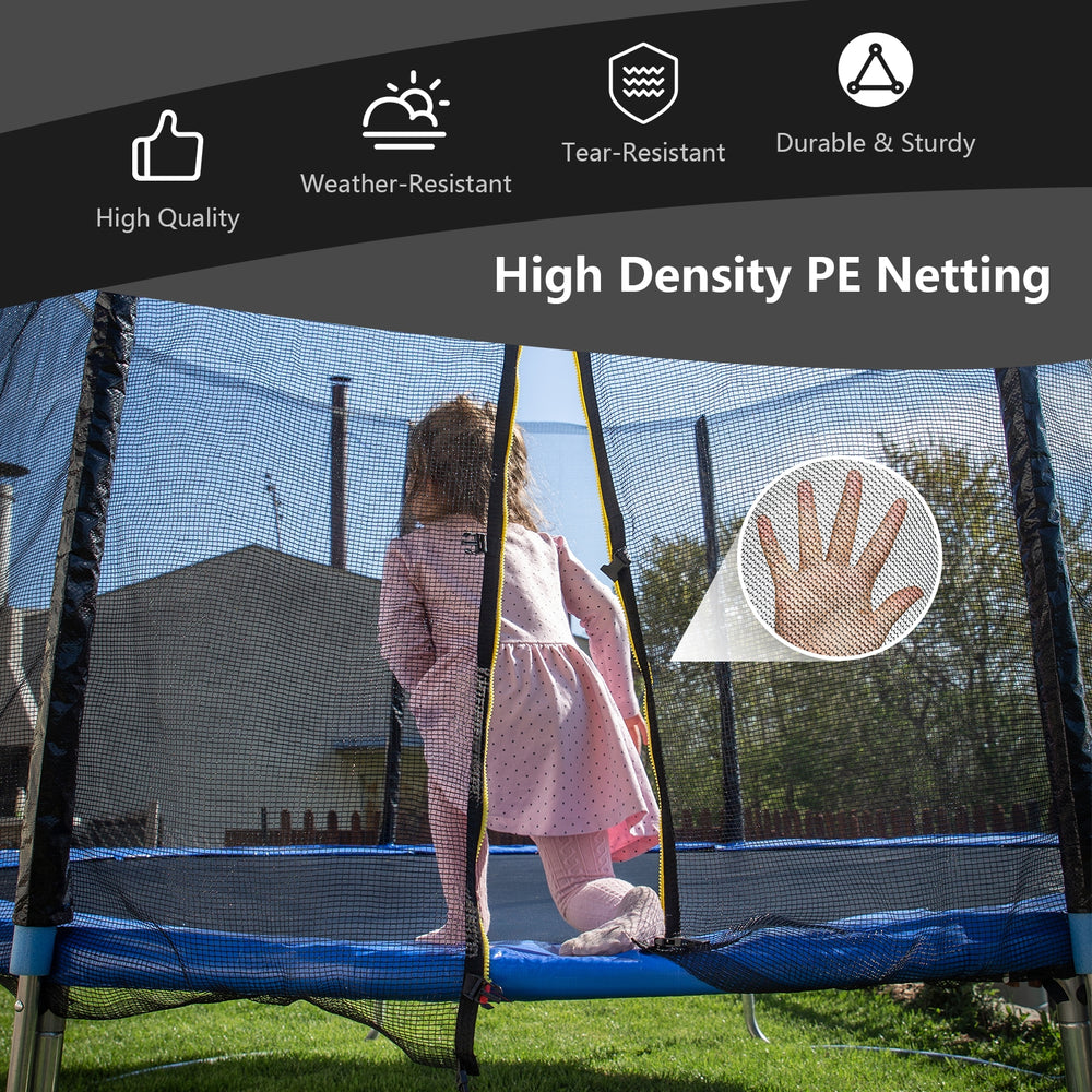 8 feet trampoline safety enclosure net made of high-density PE material, featuring a double-headed zipper door for easy.
