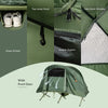 Cot elevated compact tent set in green with side mesh window, double zippers, and shoes pocket for camping convenience.