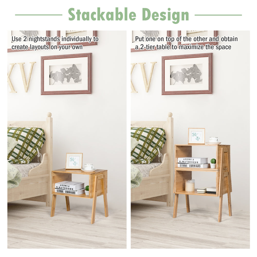 Bamboo nightstands shown stacked and separately, featuring storage shelves for versatile layouts in living spaces.