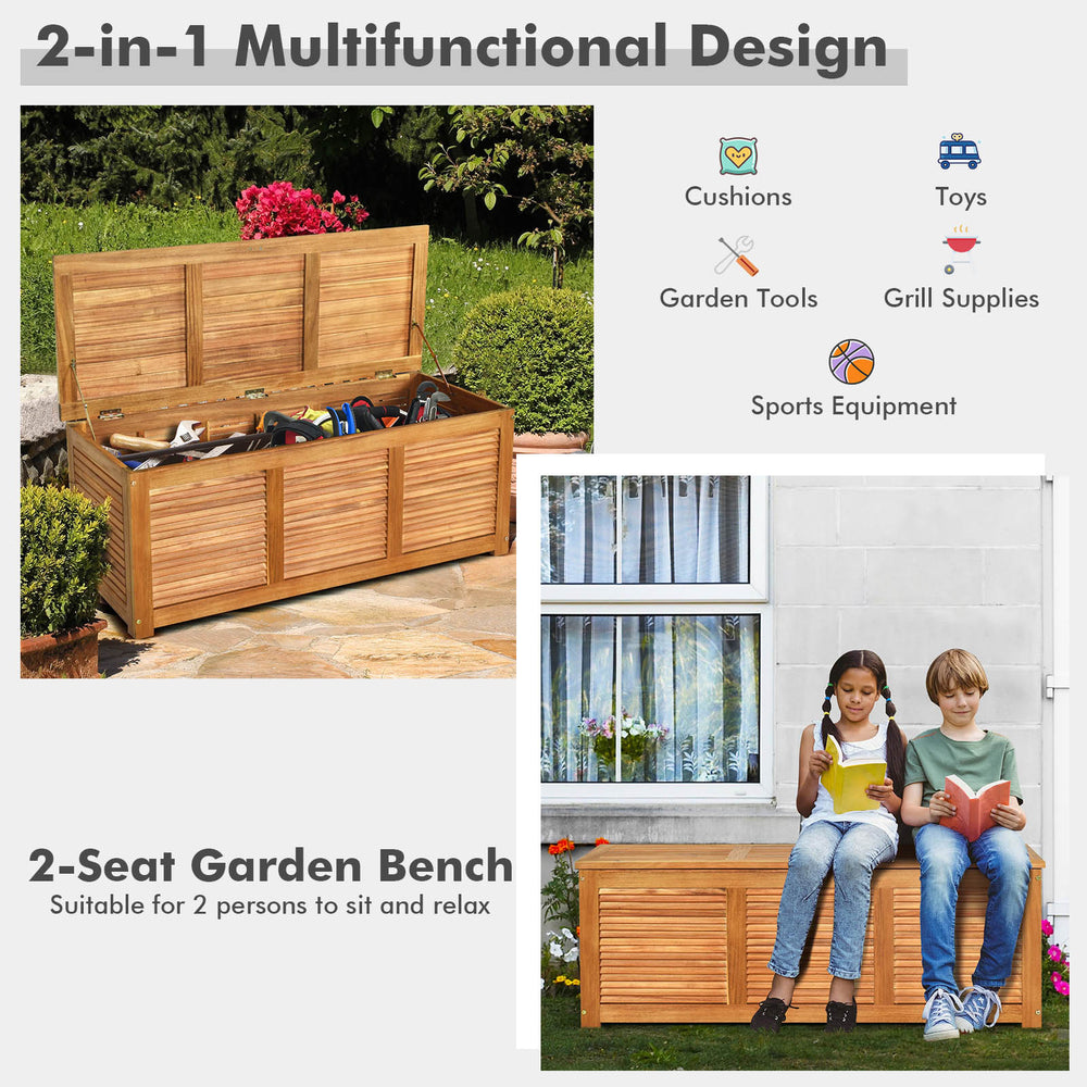 Acacia wood storage bench box with flip-top lid, 46-gallon capacity, ideal for patio garden storage and seating.