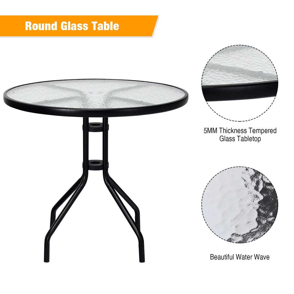 Round 32-inch outdoor patio table with tempered glass top and umbrella hole, featuring a stylish black steel frame.