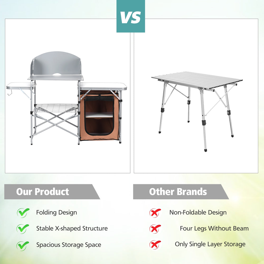 Foldable outdoor BBQ grilling table with windscreen, aluminum frame, spacious storage, ideal for camping and cooking.