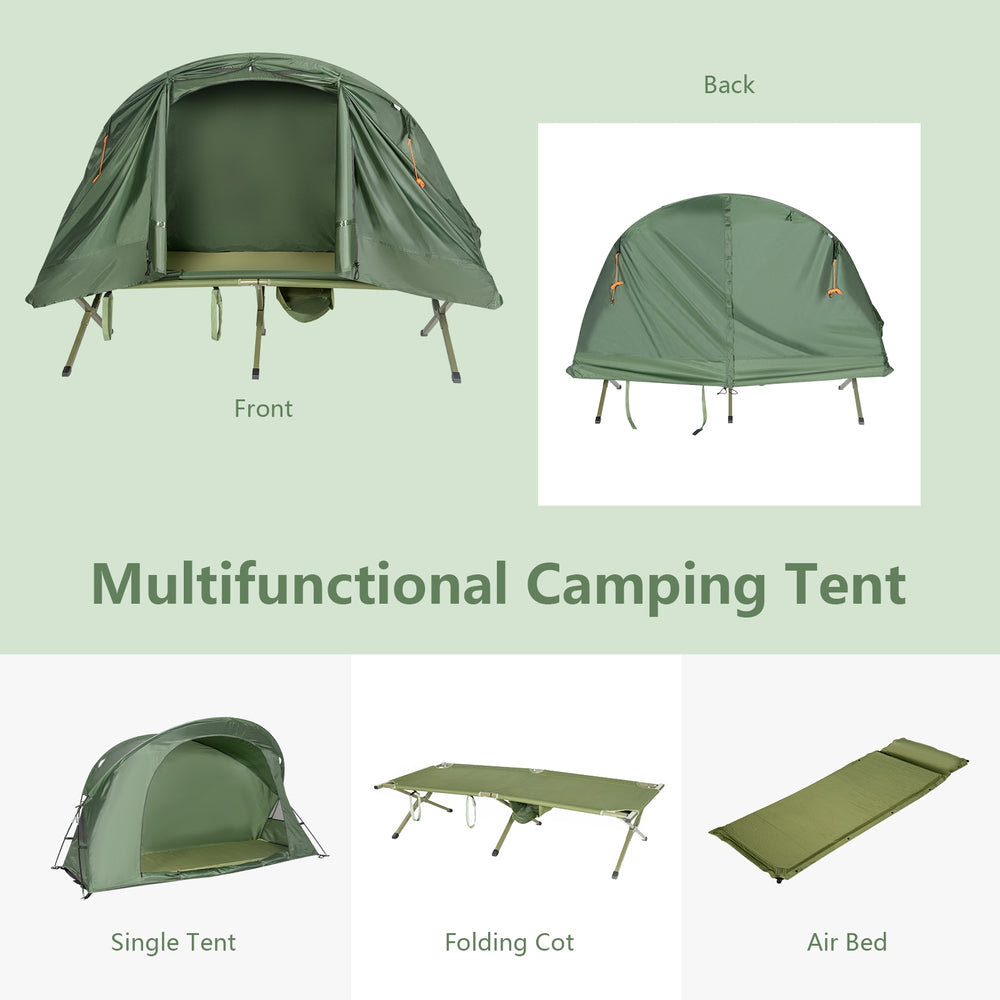 Elevated compact tent set in green with external cover, cot, and air mattress for comfortable camping experiences.