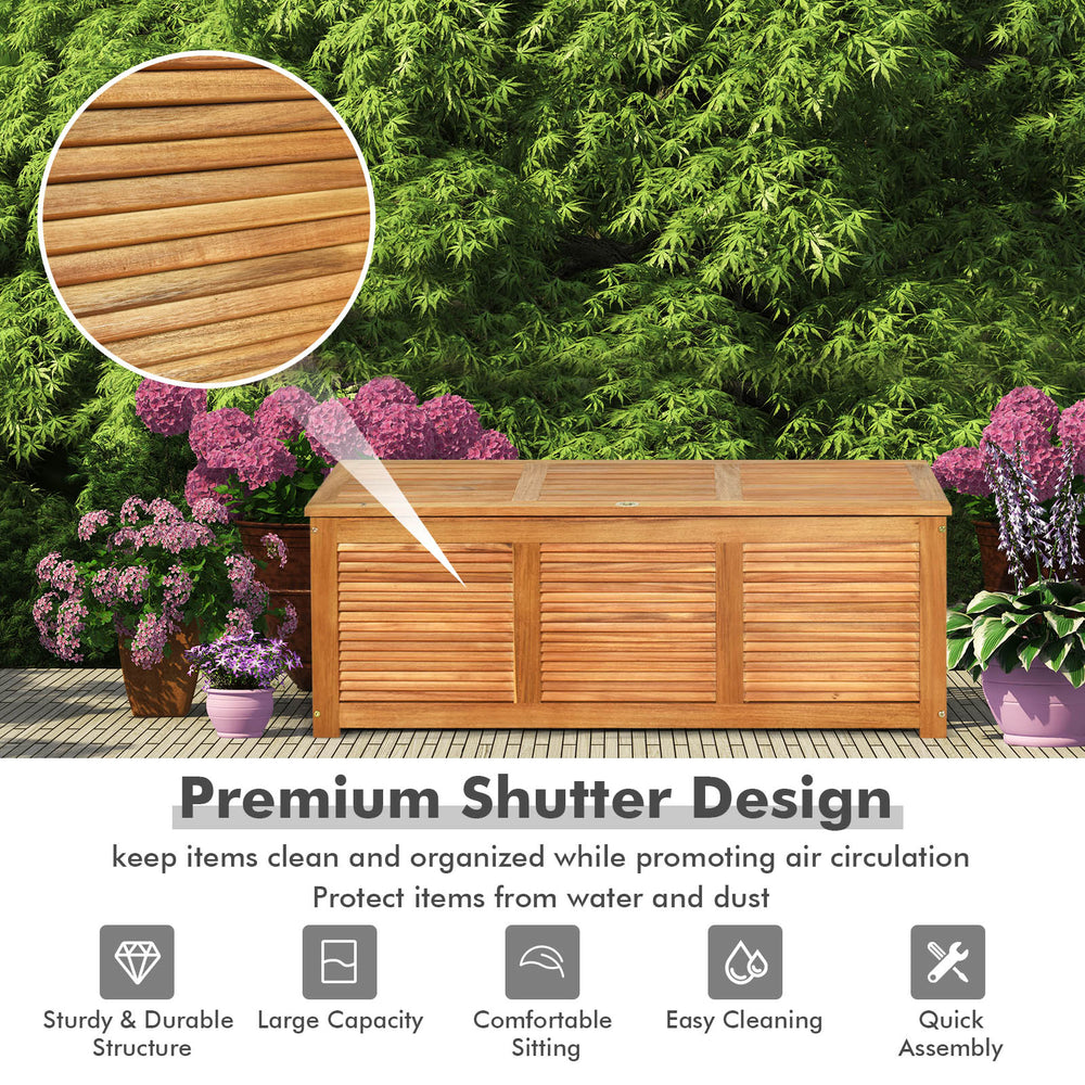 Acacia wood storage bench box with flip-top lid, large capacity for patio use, sturdy and easy to assemble.