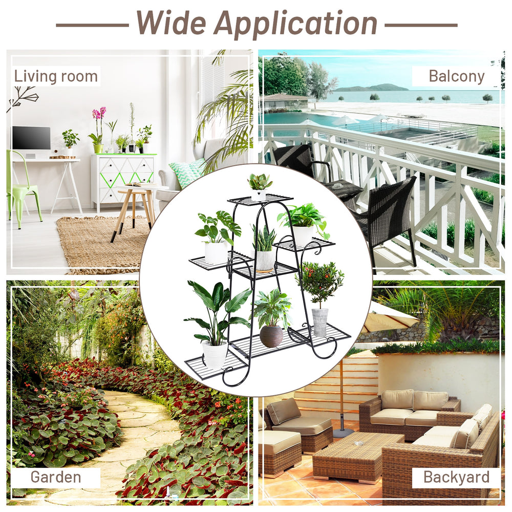 7 tier metal patio plant stand with hollow-out trays for drainage, perfect for garden or balcony decoration.