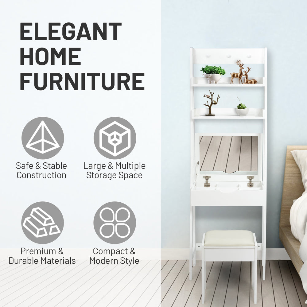3-in-1 modern shelf vanity set with flip top mirror, featuring ample storage and compact design for small spaces.