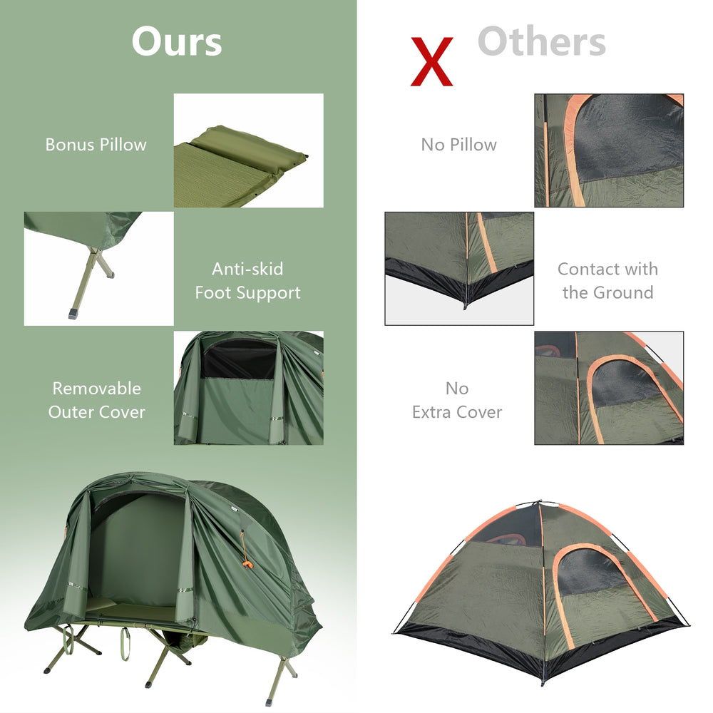 Elevated compact tent set in green with removable cover, bonus pillow, and anti-skid foot support for camping comfort.