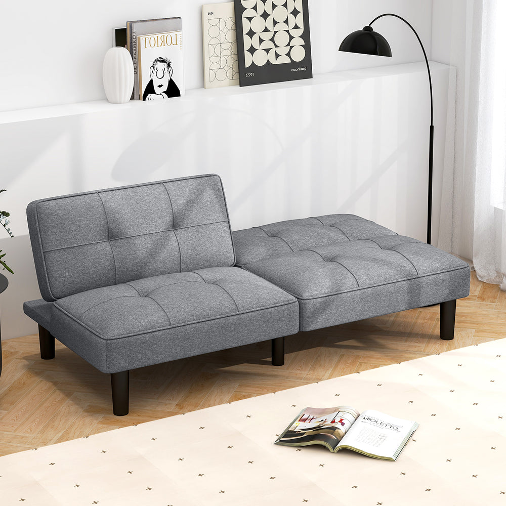 Gray convertible futon sofa bed with soft sponge padding, showcased in a front view, perfect for daytime relaxation.