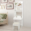 Modern white 3-in-1 vanity set with flip top mirror, 6 organizers, and matching stool for small spaces.