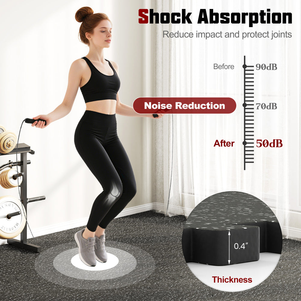 Gray rubber top exercise mat with 0.39-inch thickness, providing 70 sq.ft coverage and effective noise reduction for workouts.