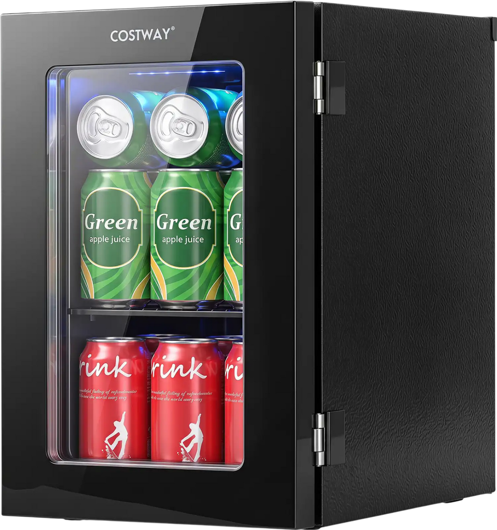 Compact 0.6 Cu.Ft black beverage refrigerator holds 24 cans, featuring a glass door and adjustable thermostat for efficient cooling.