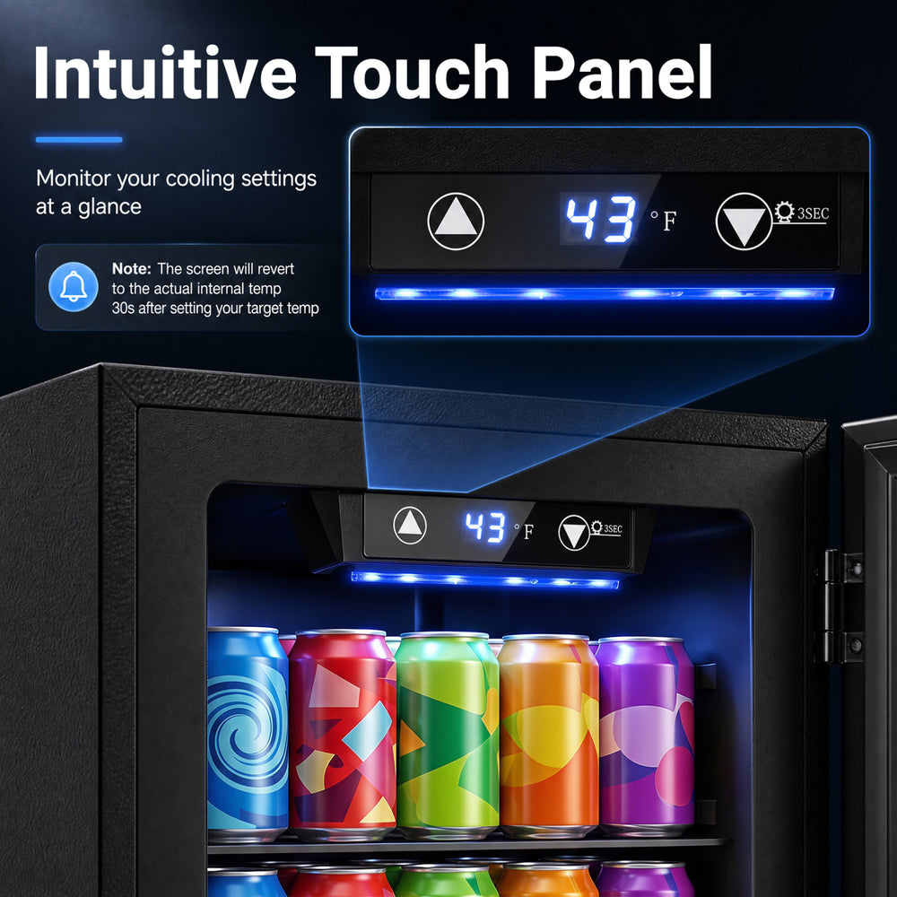 Intuitive touch panel displays cooling settings in the 0.6 Cu.Ft black beverage refrigerator for 24 cans.