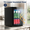 Countertop mini fridge with a tri-layer insulated door, chilling 24 cans while blocking sunlight for optimal cooling.
