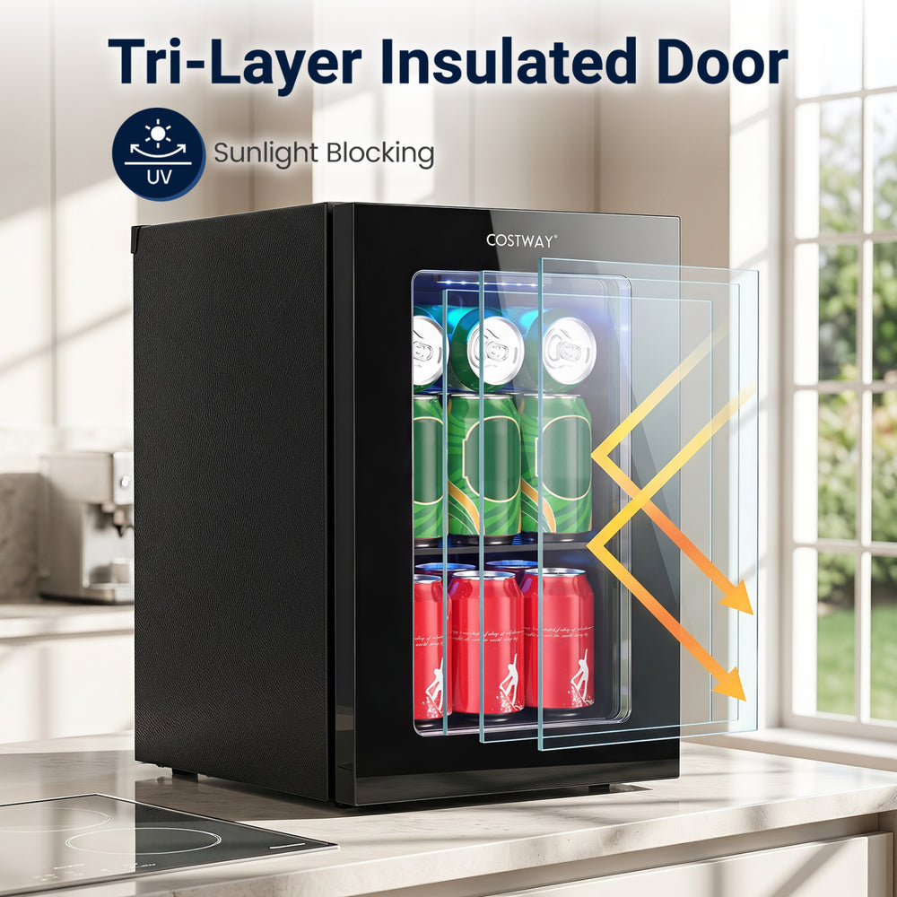 Countertop mini fridge with a tri-layer insulated door, chilling 24 cans while blocking sunlight for optimal cooling.
