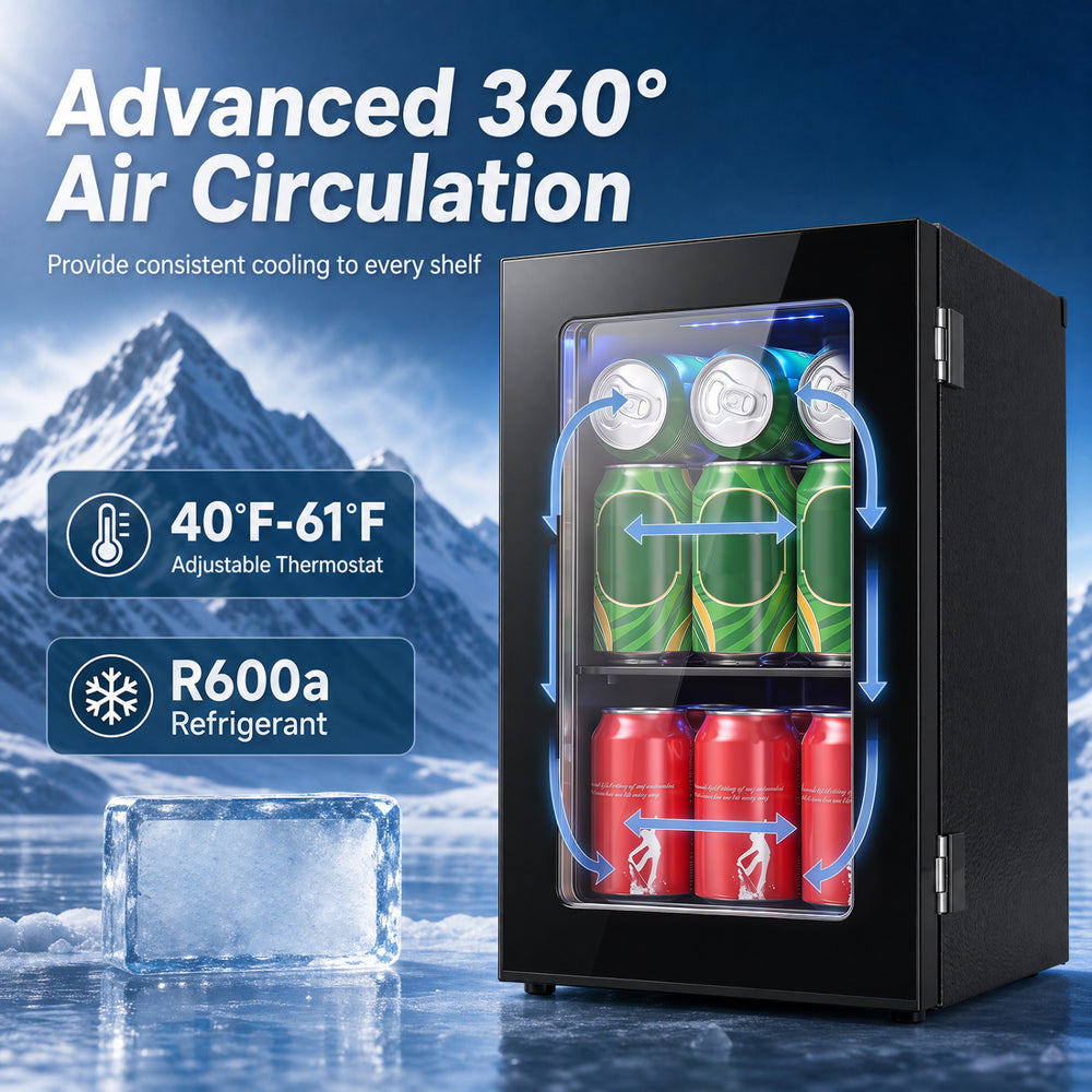 Compact 0.6 Cu.Ft black beverage refrigerator holds 24 cans with advanced 360° air circulation for optimal cooling.