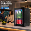 Compact 0.6 Cu.Ft black beverage refrigerator holds 24 cans with low-noise performance, ideal for home or office use.