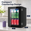 Compact 0.6 Cu.Ft black beverage refrigerator holds 24 cans, featuring a glass door and adjustable thermostat for home use.