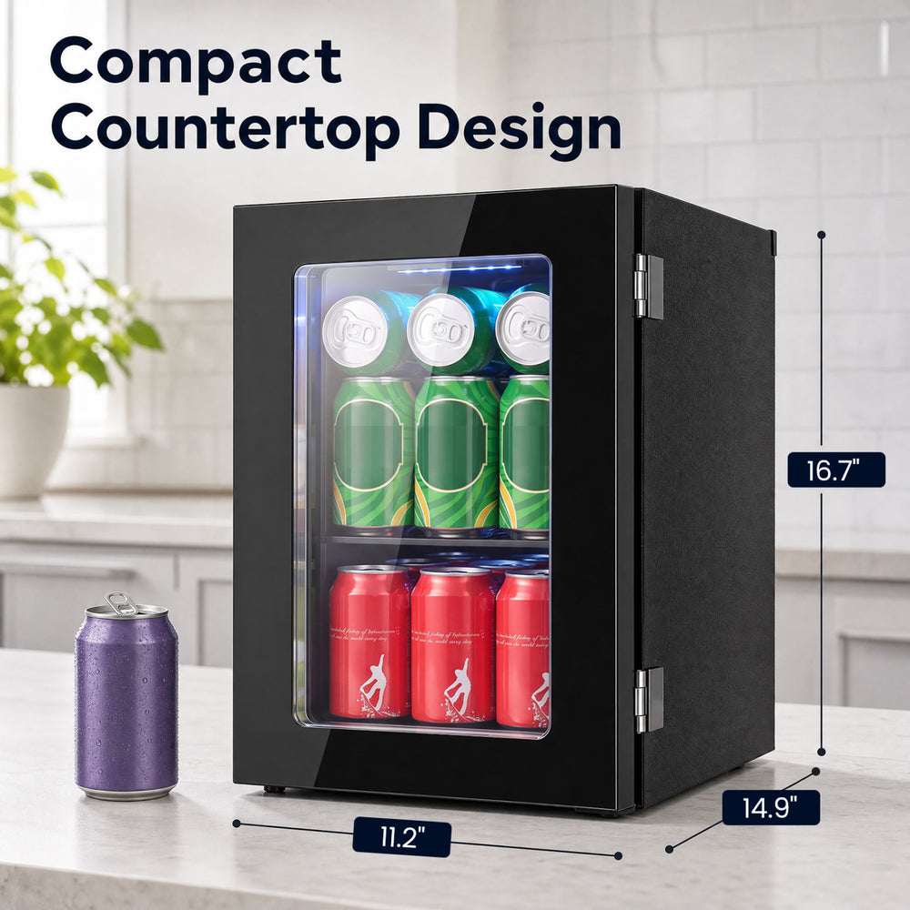 Compact 0.6 Cu.Ft black beverage refrigerator holds 24 cans, featuring a glass door and adjustable thermostat for home use.