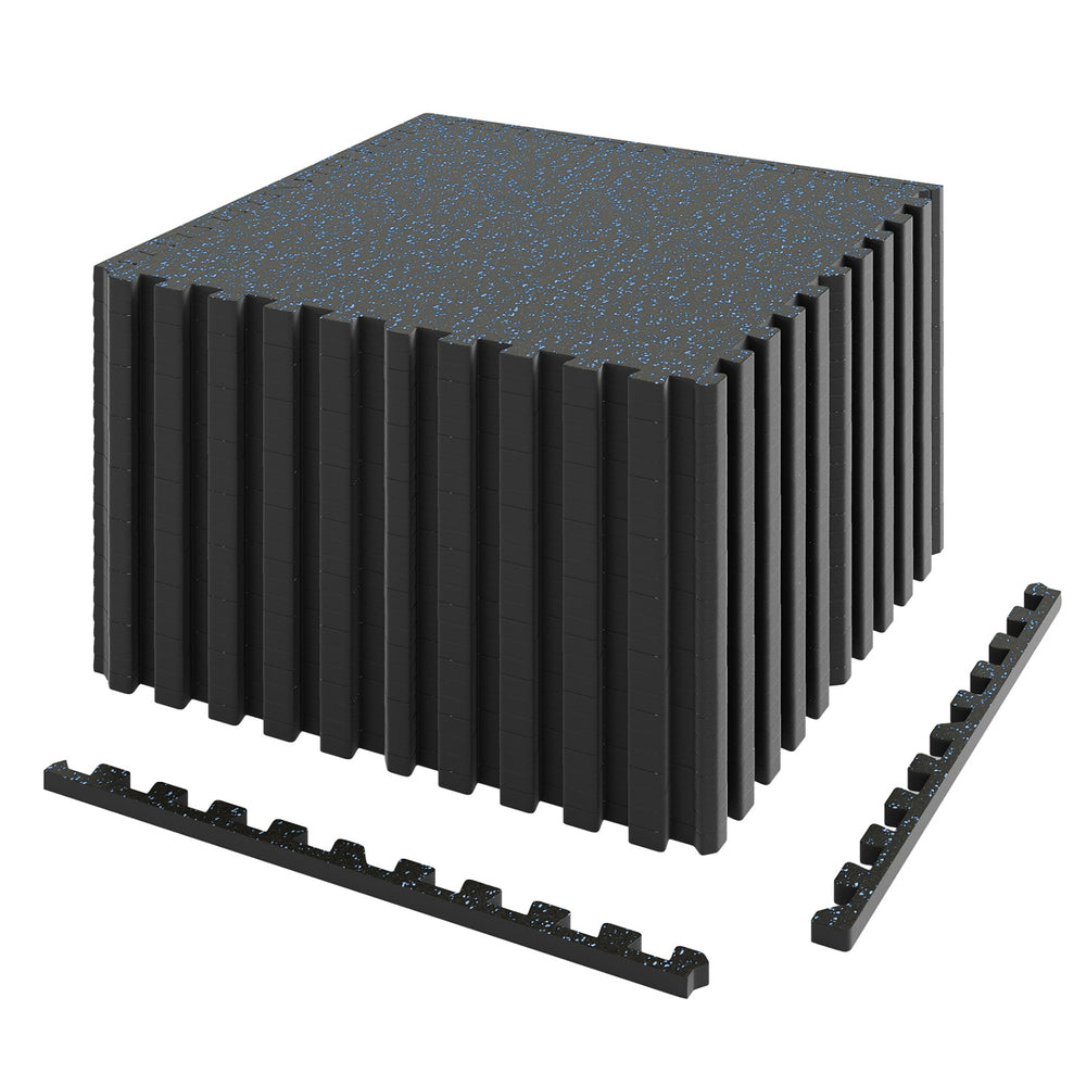 Black and blue 0.79 inch thick rubber top exercise mat, 48 sq ft with borders, ideal for gym or workout spaces.