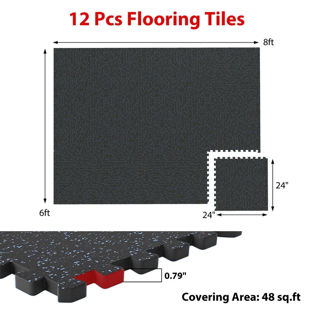 Black and blue rubber top exercise mat, 0.79 inch thick, covering 48 sq ft, ideal for gym or workout spaces.