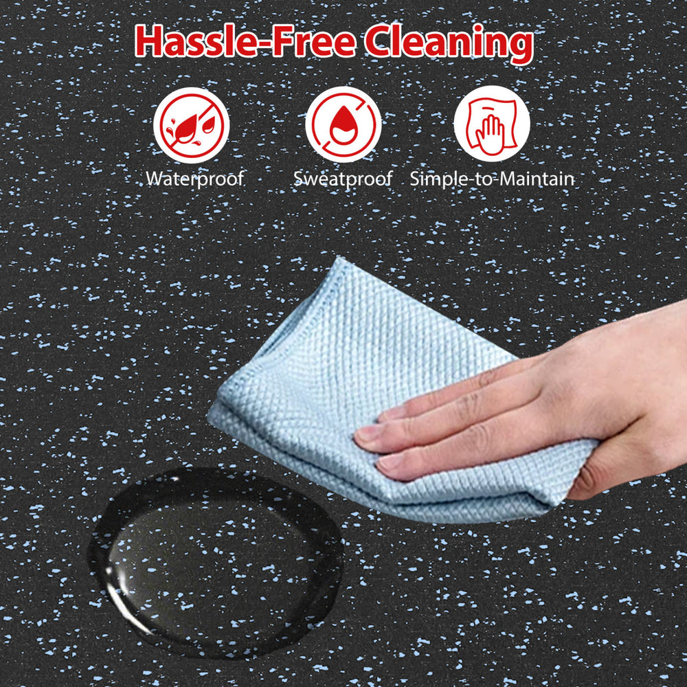 Close-up of the 0.79 inch thick black and blue rubber exercise mat showing waterproof and easy-to-clean surface.