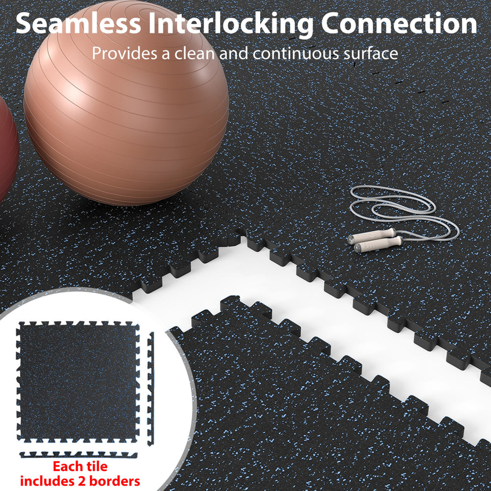 Thick black and blue rubber exercise mat with seamless interlocking connection, ideal for gym flooring.