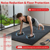 Thick black and blue rubber exercise mat, 0.79 inches, providing noise reduction and floor protection during workouts.