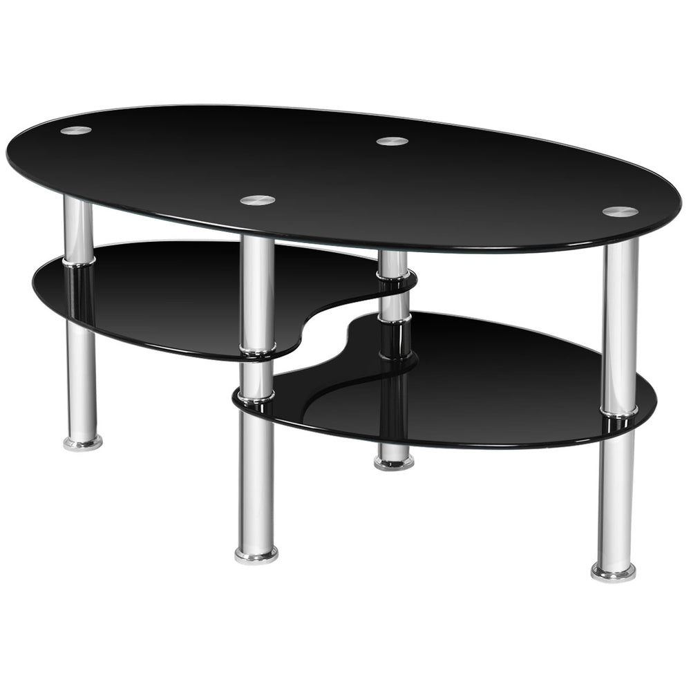 Oval black tempered glass coffee table with two bottom shelves for storage, ideal for living room use.