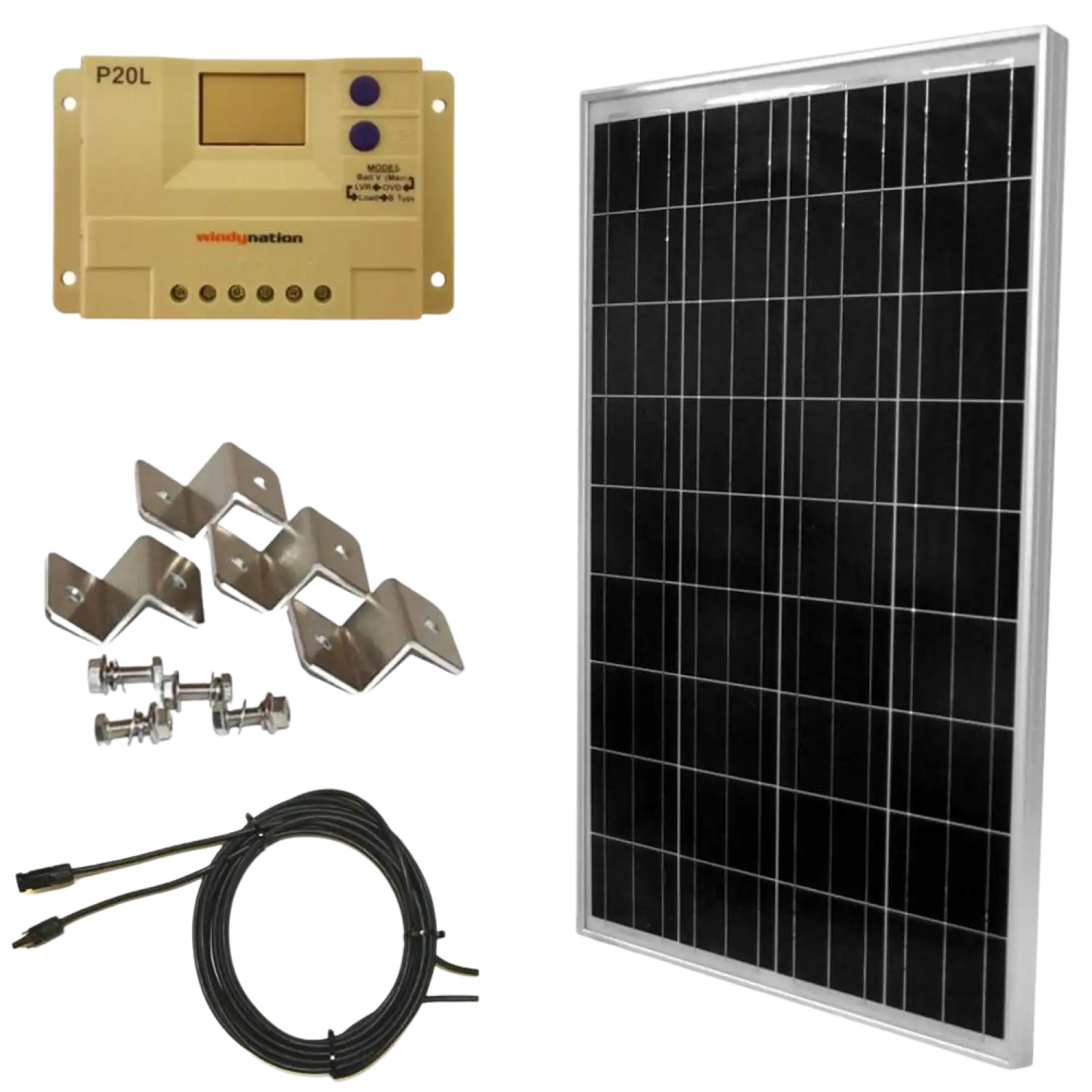 WindyNation SOK-100WP-P20L 100 Watt 12V Solar Panel Kit with LCD Charger Controller New