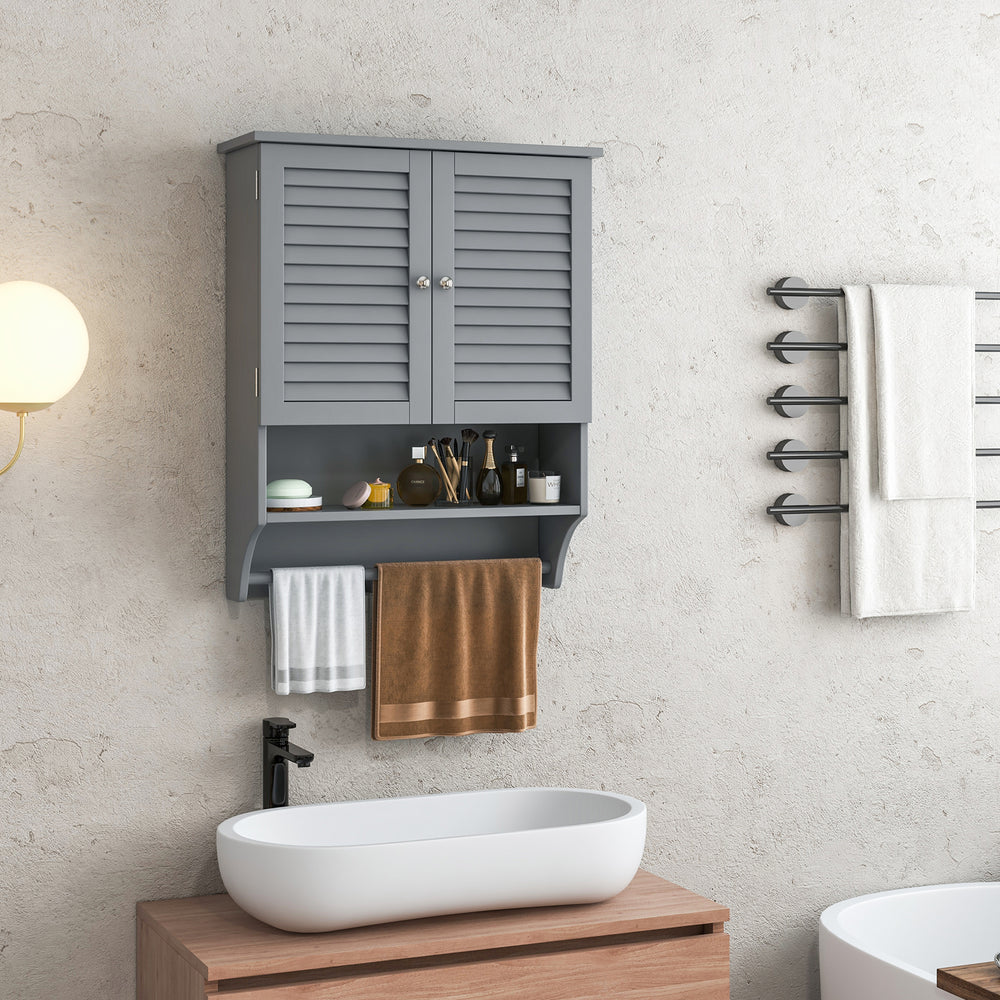 2-Doors Bathroom Wall-Mounted Medicine Cabinet with Towel Bar-Gray - Gallery View 1 of 10