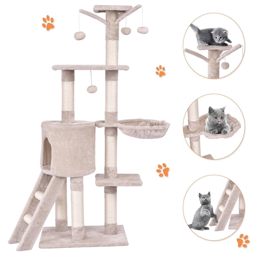 Side view of the 56-inch cat play tree featuring a cozy hideaway and two platforms for climbing, scratching, and.